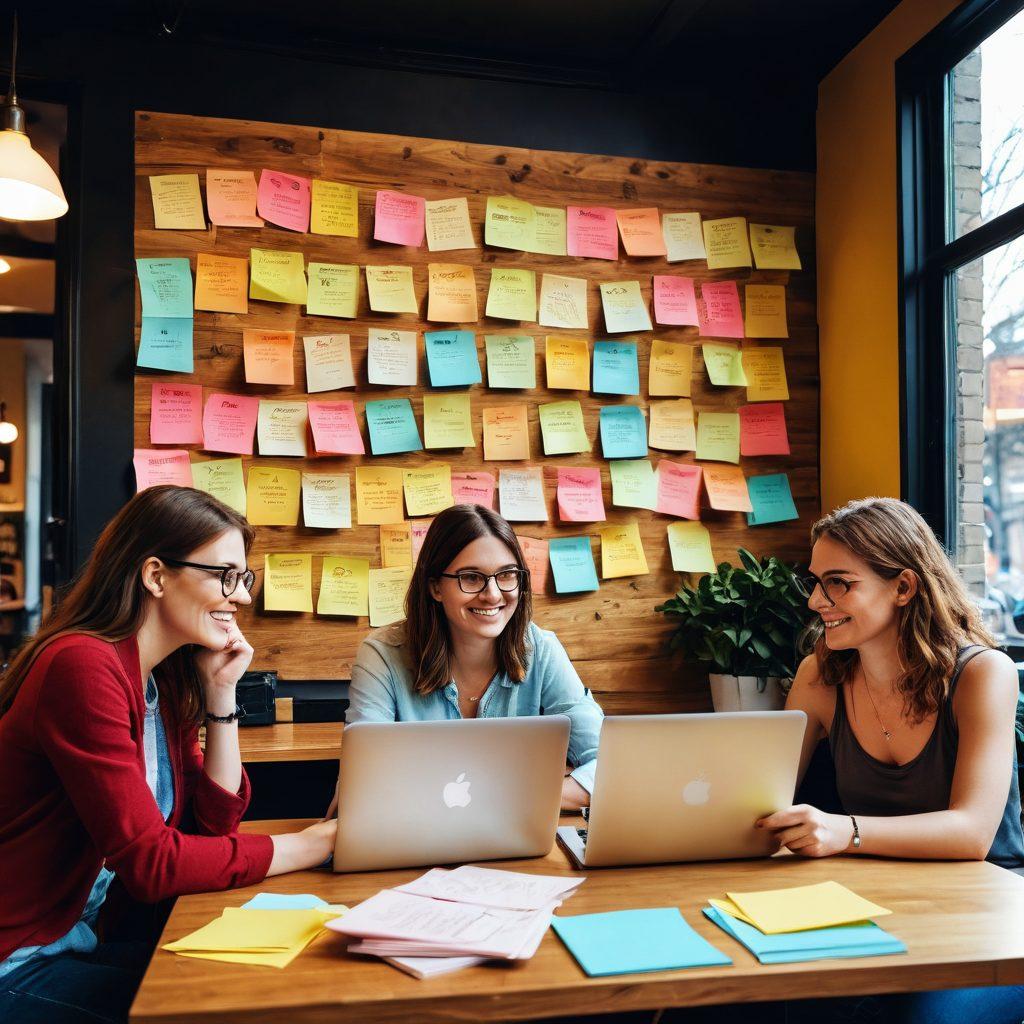 A dynamic scene showing a blogger engaging with clients in a cozy coffee shop, laptops open, colorful post-it notes scattered around, and a vibrant atmosphere filled with conversations and ideas. Emphasize warm lighting and expressions of enthusiasm on the clients' faces to convey connection. Include a backdrop of customer testimonials on the wall. super-realistic. vibrant colors. cozy setting.