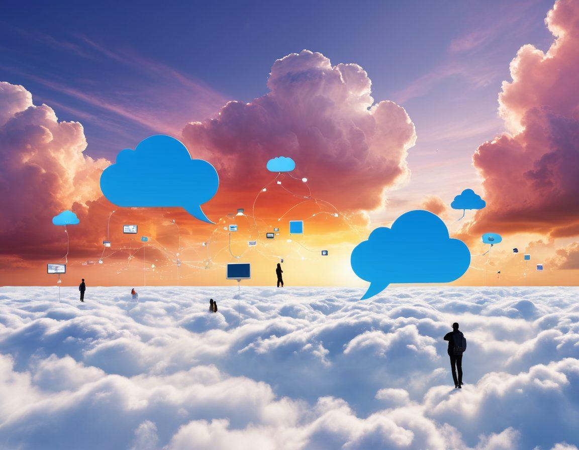 A visually engaging landscape illustrating a blogosphere, with vibrant pathways leading to various colorful blogs represented as floating digital screens. Include silhouettes of people communicating and sharing ideas, with icons of communication tools like chat bubbles and pencils. Integrate elements like vibrant clouds and a bright sky that symbolize creativity and connectivity. super-realistic. vibrant colors. white background.