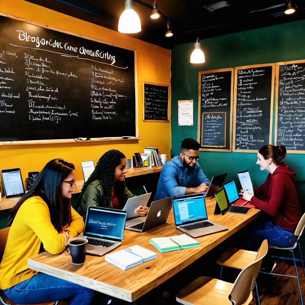 A cozy coffee shop setting where a diverse group of people are engaged in deep discussions about writing and blogging, with vibrant colors showcasing a warm, inviting atmosphere. Include laptops, notebooks, and coffee cups scattered around, symbolizing creativity and collaboration. Above them, a chalkboard with inspiring quotes about blogging and client engagement. super-realistic. vibrant colors. warm tones.